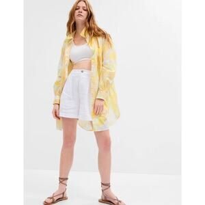 Gap Oversized Tunic Shirt Women XXL Floral Yellow Linen Blend Beachy Button Up